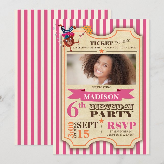 Billet Circus | Fille d'anniversaire | Invitation  (Devant / Derrière)