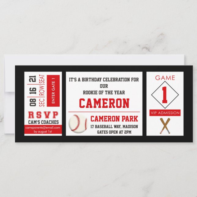 Billet de baseball Anniversaire Fête Invitation Ro (Devant)