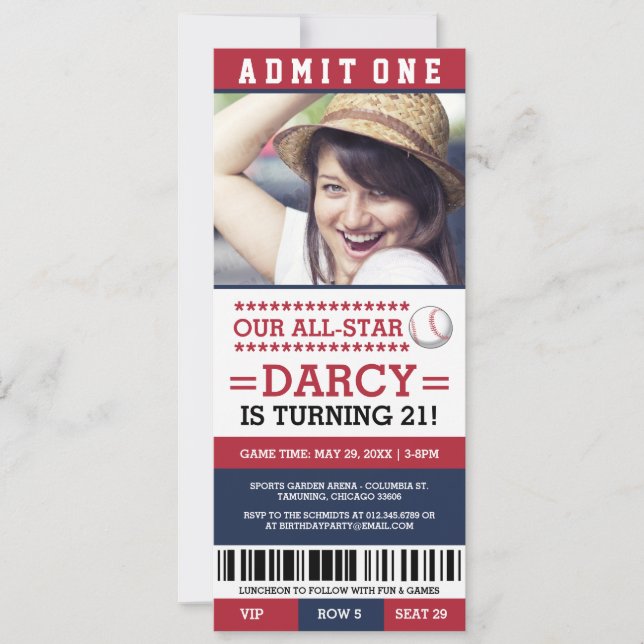 Billet de baseball rouge et bleu Invitations d'ann (Devant)