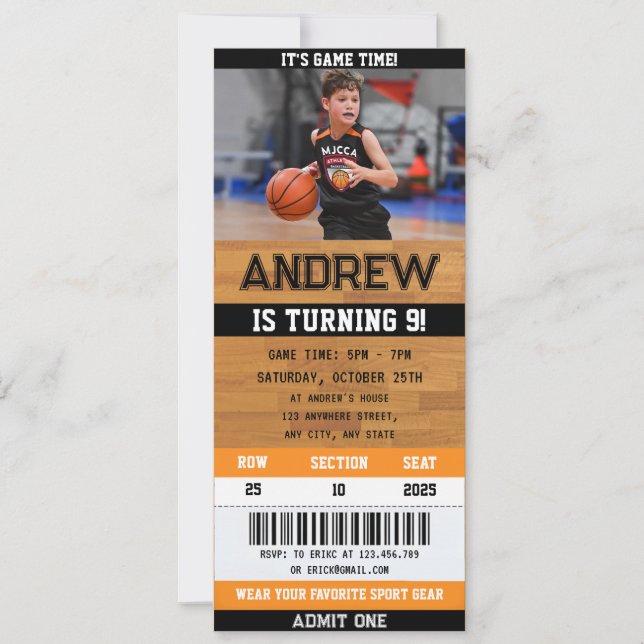 Billet de basket-ball Anniversaire Invitation avec (Devant)