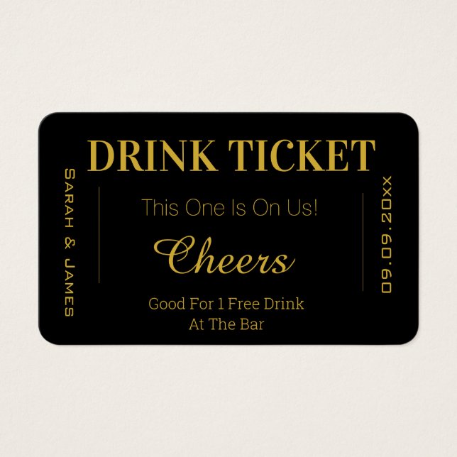 Billet de bon de boisson Mariage Black & Gold (Devant)