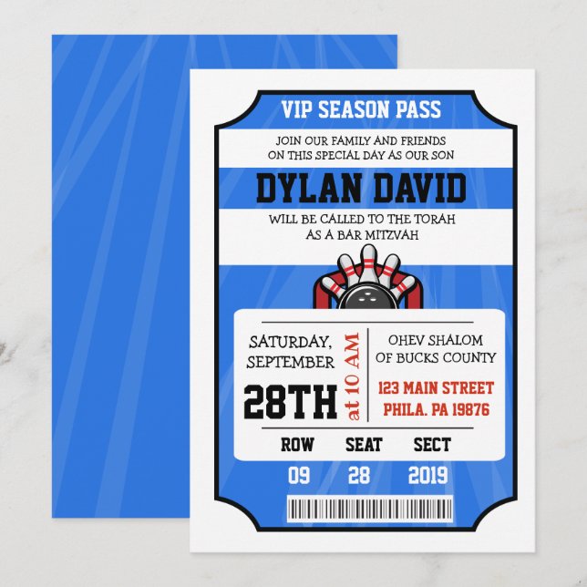 BILLET DE BOWLING Bar Bat mitzvah Invitation (Devant / Derrière)