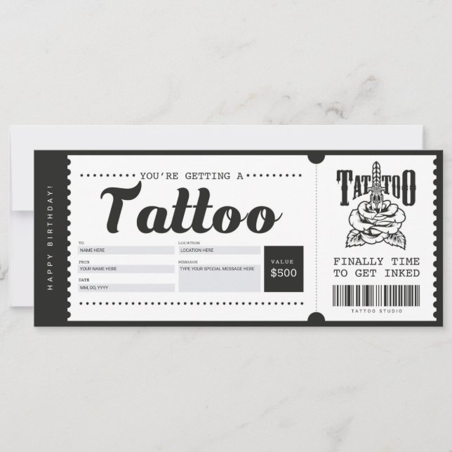 Billet de carte cadeau de tatouage Certificat (Devant)