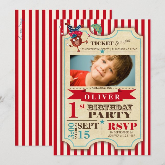 Billet de cirque 1er anniversaire | Invitation à l (Devant / Derrière)