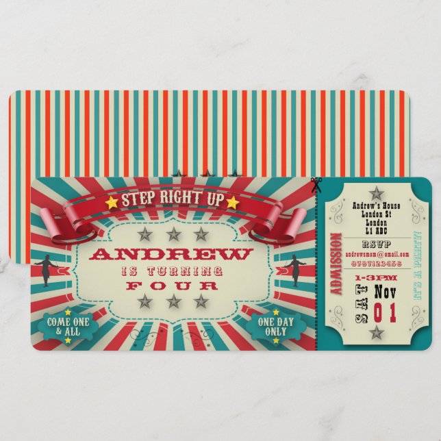 Billet de Cirque Invitation Anniversaire - personn (Devant / Derrière)