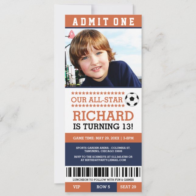 Billet de soccer orange et marine Invitations d'an (Devant)