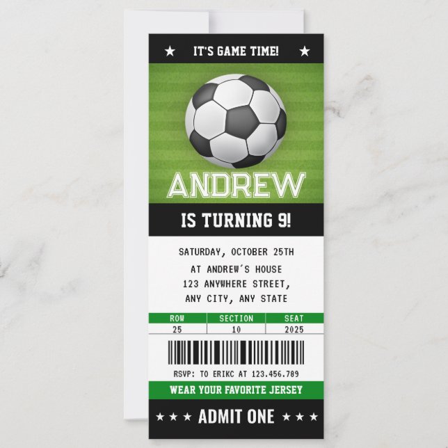 Billet de soccer personnalisé Invitation d'anniver (Devant)