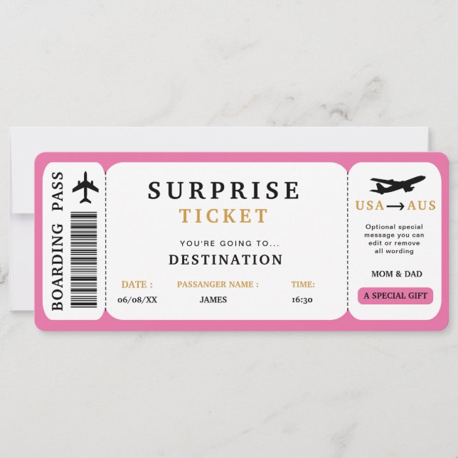 Billet de voyage surprise Billet d'avion Carte d'e (Devant)