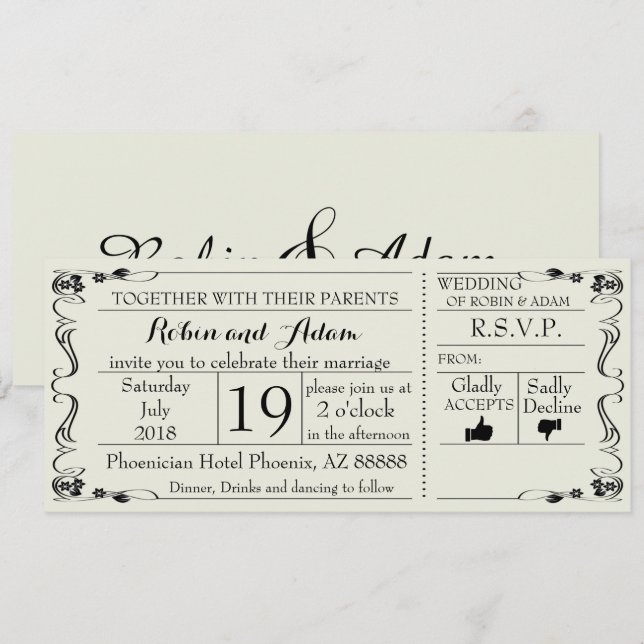 Billet Invitation Mariage Swirls (Devant / Derrière)