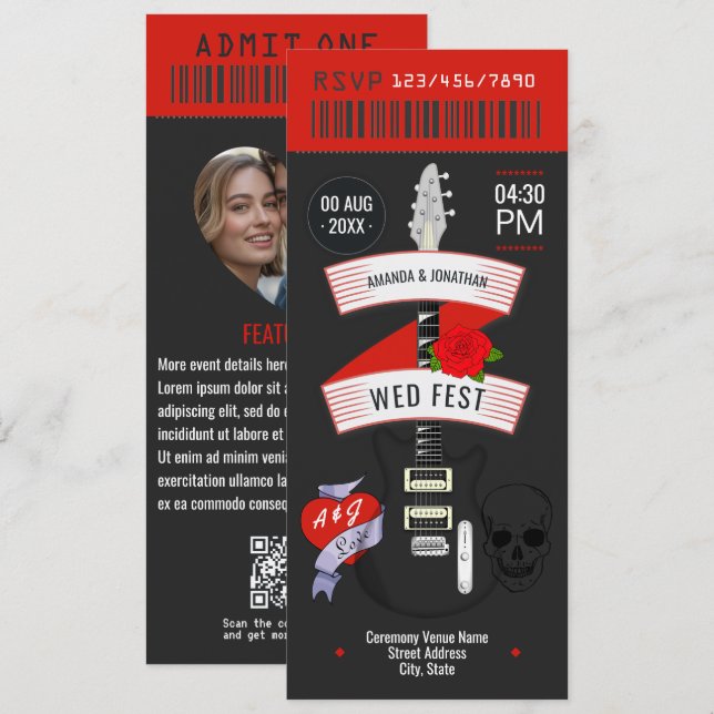 Billet Mariage Rock n'Roll personnalisé Invitation (Devant / Derrière)