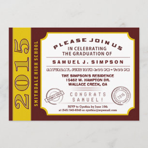 Billet Maroon Rouge & Or Graduation Invitation