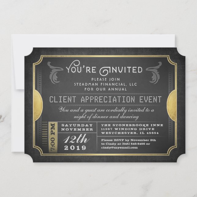 Billet Sophisticate Noir & Or Invitation d'entrepr (Devant)