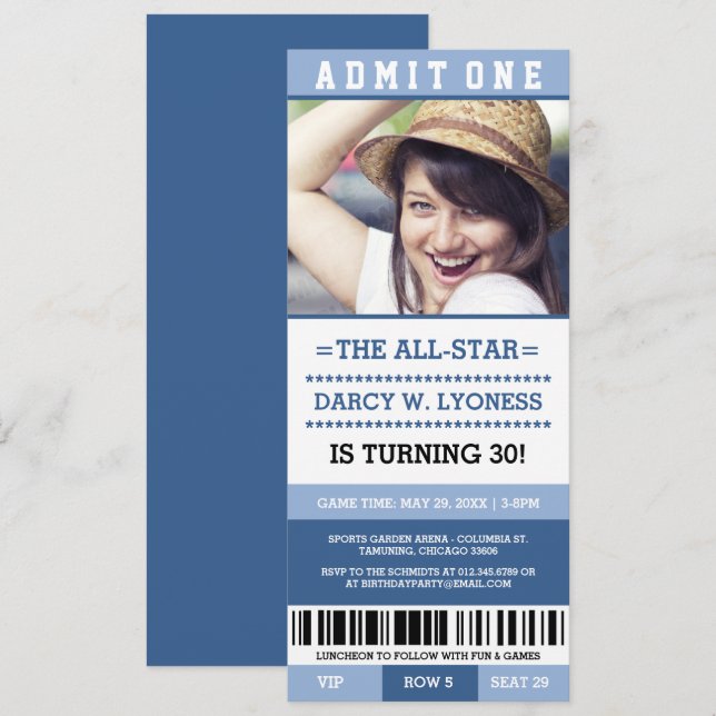 Billet sport bleu Invitations de fête d'anniversai (Devant / Derrière)