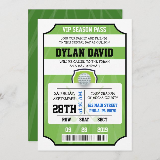 BILLET VIP GOLF Invitation Bar Mitzvah (Devant / Derrière)