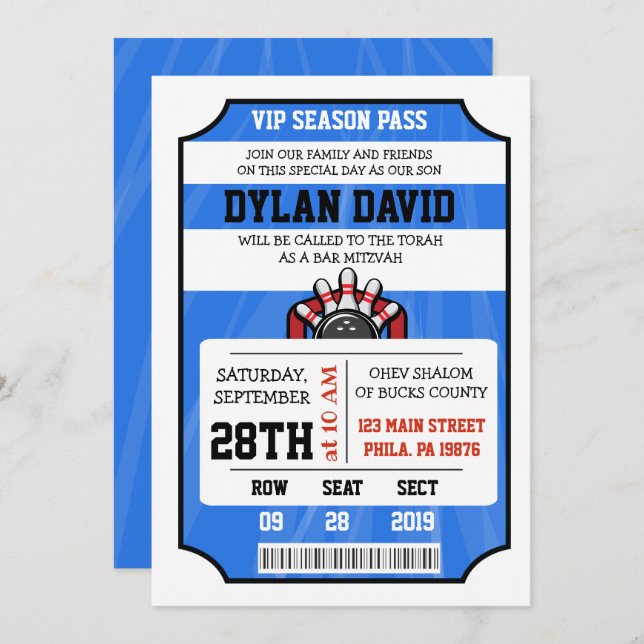 BILLETERIE BOWLING Invitation Bar Bat Mitzvah (Devant / Derrière)