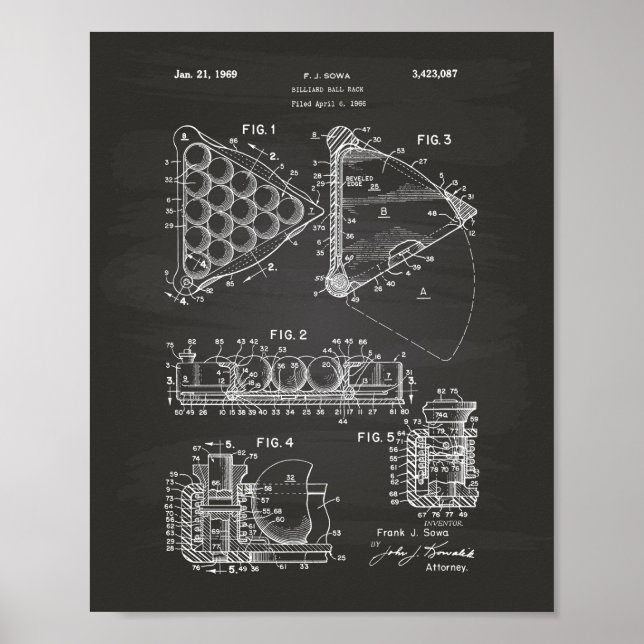 Billiard Ball Rack 1969 Patent Art - Chalkboard Poster (Front)