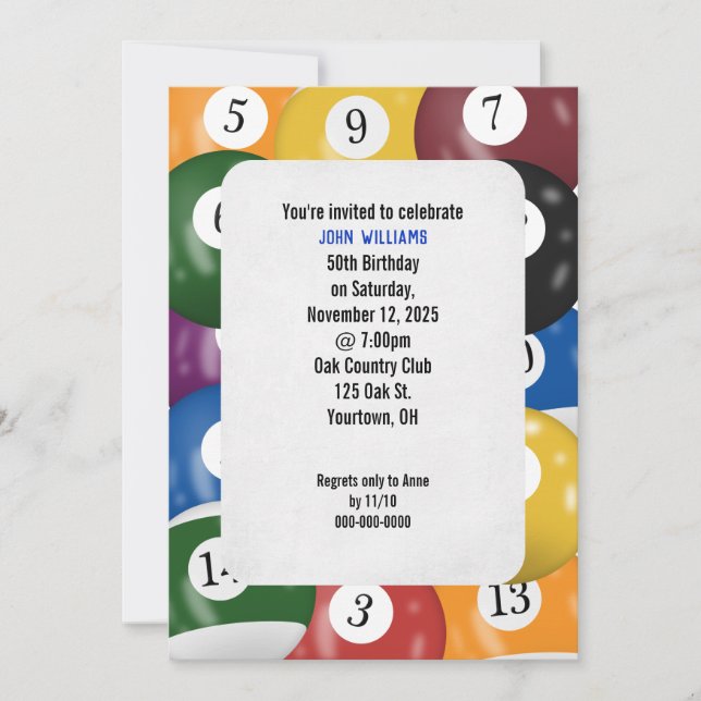 Billiard birthday party theme invitation (Front)