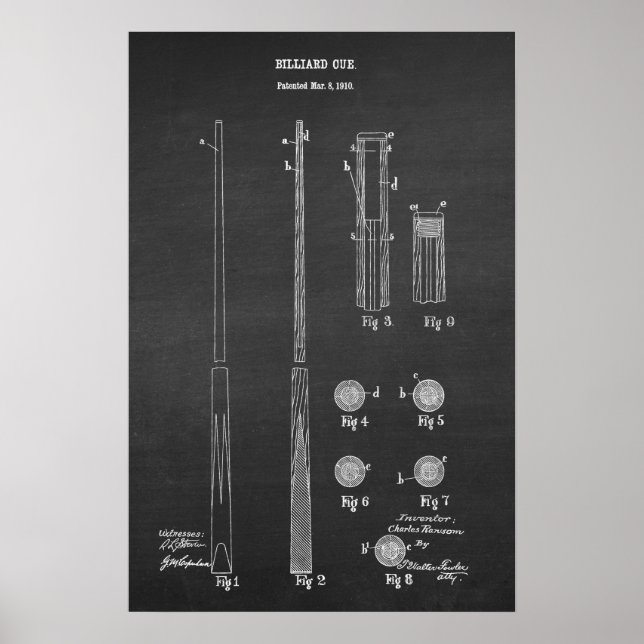 Billiard Cue Patent Art #4 Pool Wall Decor (Front)
