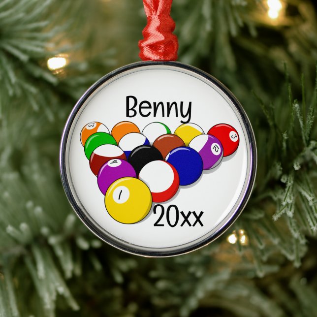 Billiard Pool Balls and Cues Metal Ornament (Tree)