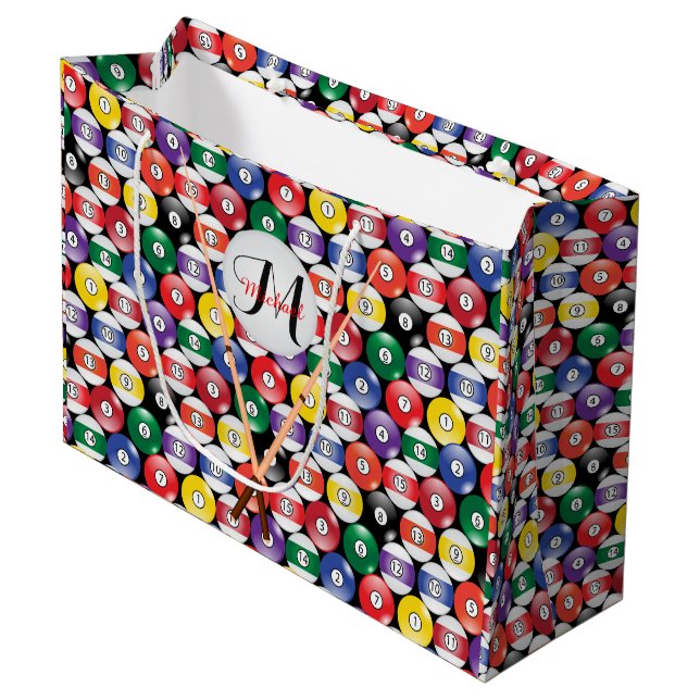 Billiard Pool Balls with Monogram Large Gift Bag (Front Angled)