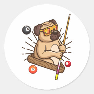Billiard Pug Dog Hustler Pool Girls Snooker Gifts Classic Round Sticker