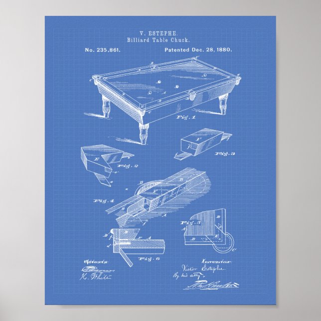 Billiard Table 1880 Patent Art Blueprint Poster (Front)