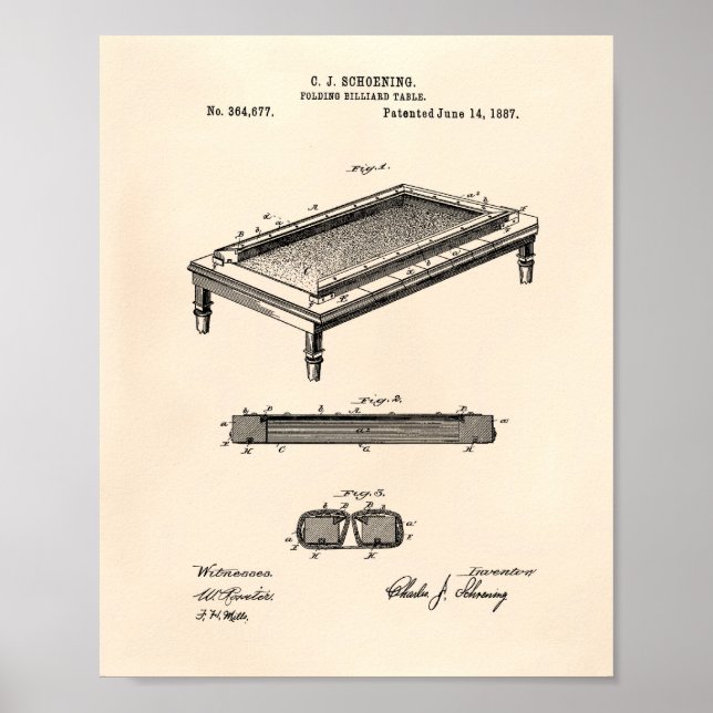 Billiard Table 1887 Patent Art - Old Peper Poster (Front)