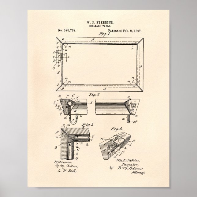 Billiard Table 1897 Patent Art - Old Peper Poster (Front)
