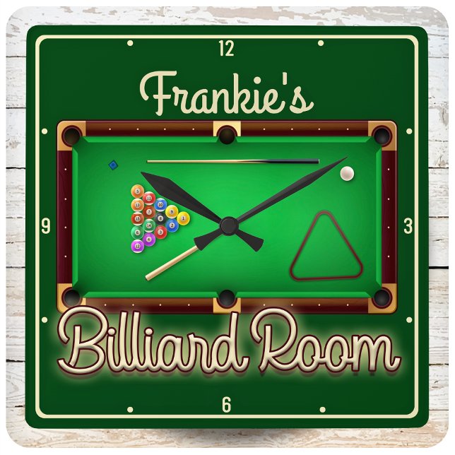 Billiards ADD NAME Pool Table Billiard Game Room Square Wall Clock (Creator Uploaded)