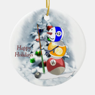 Billiards Ball Snowman Christmas Ceramic Ornament