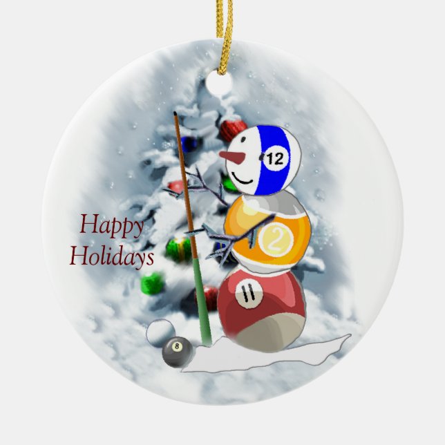 Billiards Ball Snowman Christmas Ceramic Ornament (Front)
