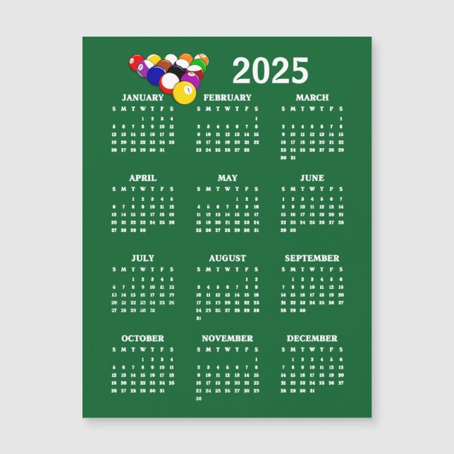Billiards Balls Pool 2025 Calendar Magnetic Card (Front)