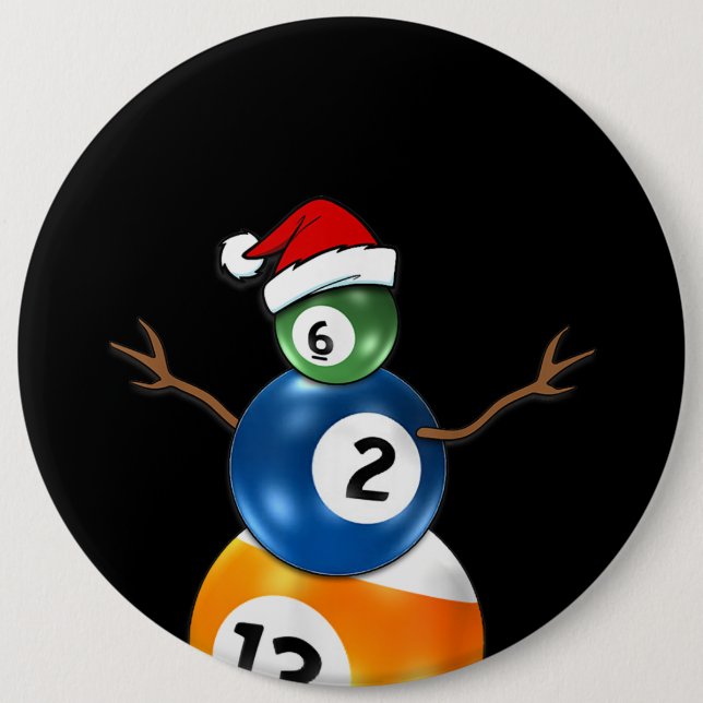 Billiards Christmas Snowman With Pool Table Balls 6 Inch Round Button (Front)