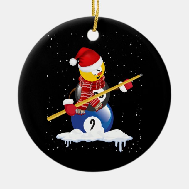 Billiards Merry Christmas Snowman with Pool Table  Ceramic Ornament (Front)