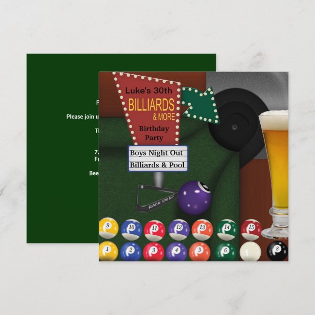 Billiards Pool Mans 30th Birthday Party Invitation (Front/Back)
