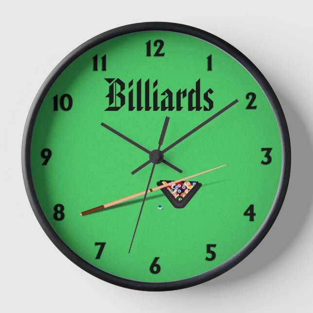 Billiards Pool Table Cue and Balls Black Numbers Clock (Front)