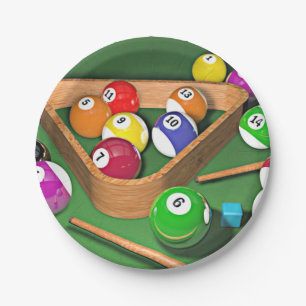 Billiards, rack 'em up, colourful design, paper plate