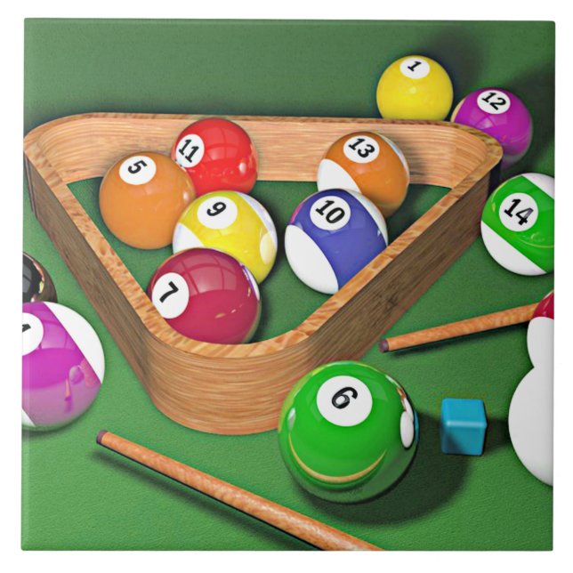 Billiards, rack 'em up, colourful design, tile (Front)