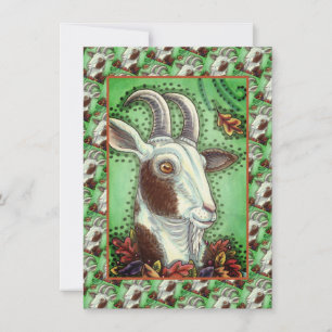 BILLY GOAT AND AUTUMN LEAVES, THANKSGIVING FARM CARD