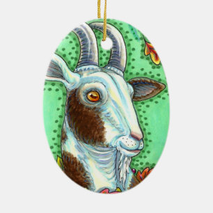 BILLY GOAT AND AUTUMN LEAVES, THANKSGIVING FARM CERAMIC ORNAMENT