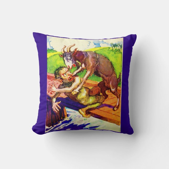 billy goat gruff and troll print throw pillow (Front)