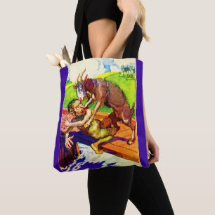billy goat gruff and troll print tote bag