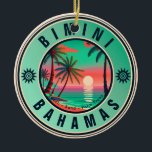 Bimini Bahamas Retro Sunset Travel Souvenir 1950s Ceramic Ornament<br><div class="desc">Bimini Bahamas Tropical Retro Sunset design. Indulge in the nostalgia of Bimini with our vintage souvenir, designed specifically for seaside vacationers. Reminiscent of a bygone era, this design encapsulates the tranquillity and beauty of the cove, serving as a delightful reminder of your beachside getaway. You can customize and modify this...</div>