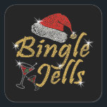 Bingle Jells Tipsy Christmas Square Sticker<br><div class="desc">Bingle Jells novelty design with Bingle Jells in golden yellow font dots designed to simulate crystal rhinestone art with a red Santa hat and a martini cocktail glass embellished with white sparkle flares</div>