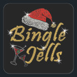 Bingle Jells Tipsy Christmas Square Sticker<br><div class="desc">Bingle Jells novelty design with Bingle Jells in golden yellow font dots designed to simulate crystal rhinestone art with a red Santa hat and a martini cocktail glass embellished with white sparkle flares</div>