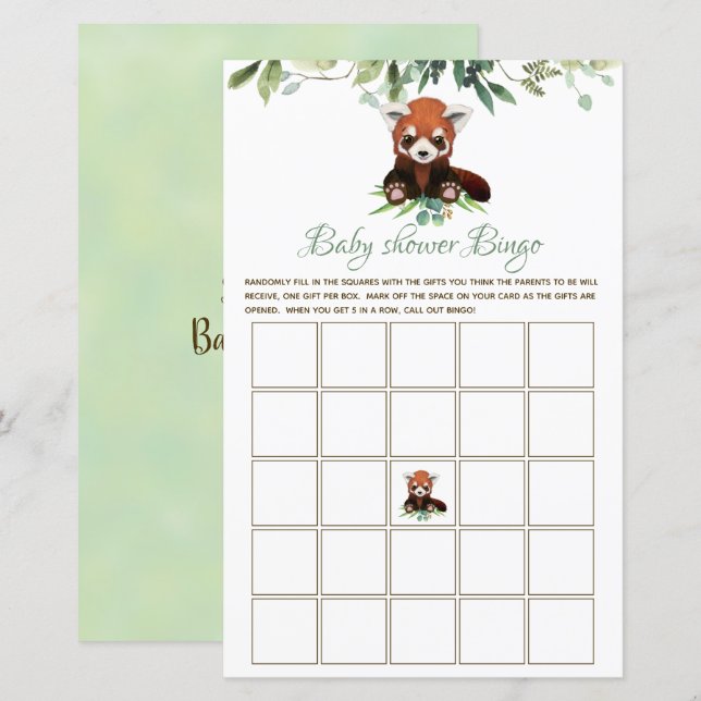 Bingo Baby Shower Game Red Panda Bear Budget (Front/Back)