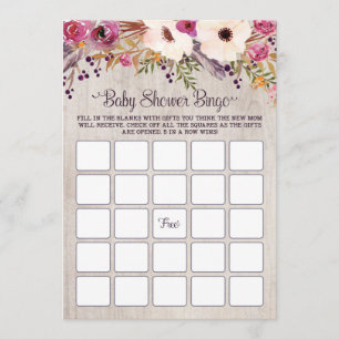 Bingo Baby Shower Game Rustic Boho Flowers Floral Invitation