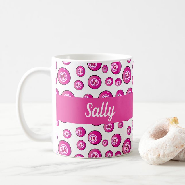 Bingo Balls Pink Personalised Coffee Mug (With Donut)
