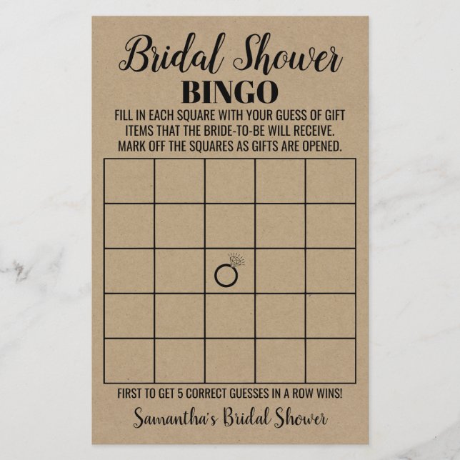Bingo Bridal Shower Rustic Wedding Game Card (Front)