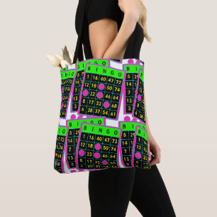 Bingo Cards And Markers Neon Colours on Black Tote Bag